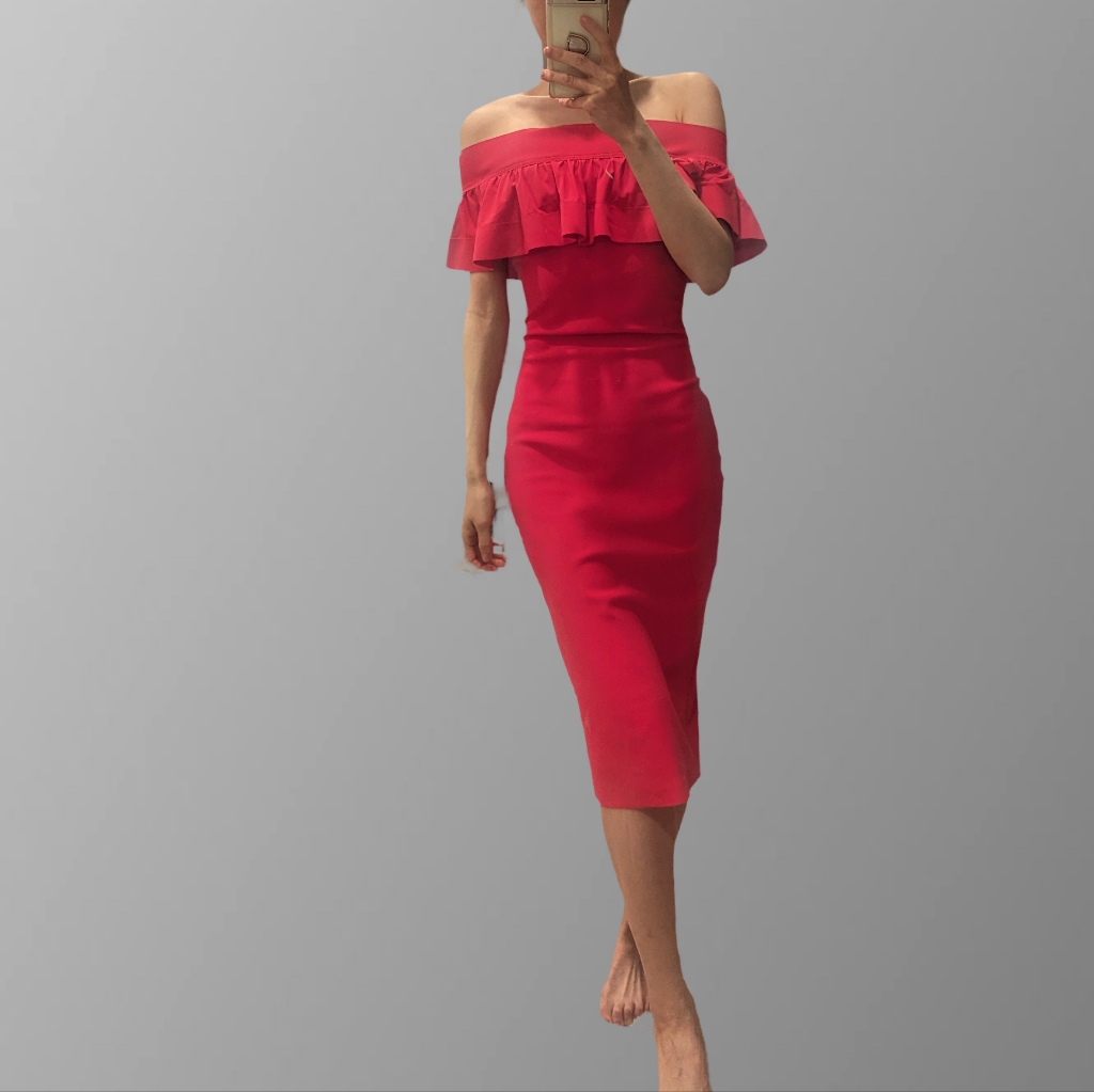 Chiara Boni Red-Pink Off Shoulder Midi Dress Xs New Without Tags